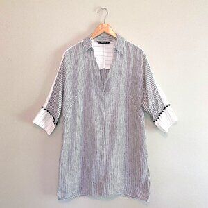 ZARA Tunic Black and White Striped Linen Cotton Blend Sz S